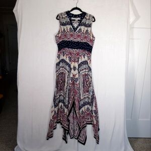 Bila V-neck Sleeveless Bohemian Maxi Dress - Navy, Off White & Red Sz LG